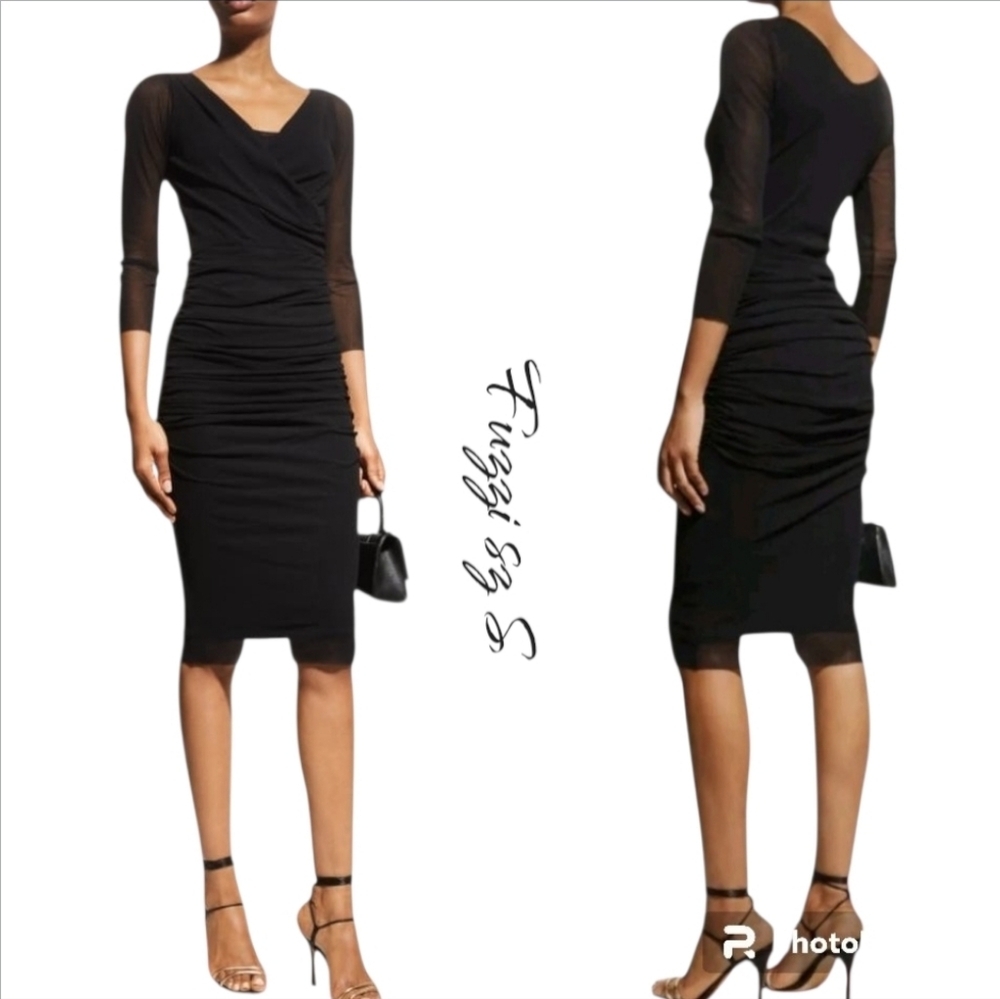 NWT FUZZI Italy Black Ruched Mesh Bodycon Dress V-Neck LBD   sz XS